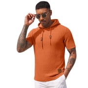 LTTVQM Men's Pullover Hoodies Waffle Knit Plaid Jacquard Short Sleeve Drawstring Hipster Casual Hooded Sweatshirts Saffron L