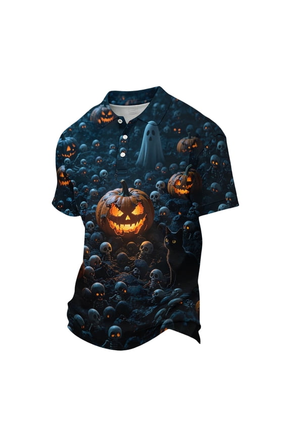 Men’s Pumpkin Haunted Castle Polo Short Sleeve Spooky Holiday Skull Ghost Two Button Outdoor Casual Party Tee Wine M