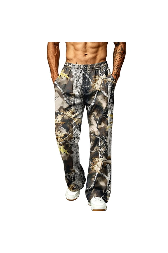 Men's Realtree Leaf Camo Wide Leg Pants Daily Street Forest Camo Breathable Woven Fabric Big Side Storage Pockets Athletic Full Length Pants Bronze 3XL