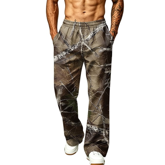 LTTVQM Men's Realtree Leaf Camo Wide Leg Pants Leisure Tree Camo Breathable Light Fabric Loose Fit Fishing Athletic Wide Leg Pants Coffee S