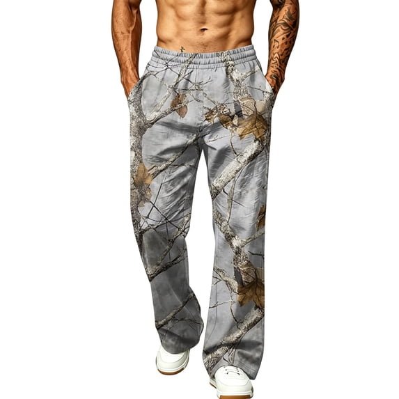 LTTVQM Men's Realtree Leaf Camo Wide Leg Pants Natural Scenic Woodland Camo Loose Fit Side Slip Pockets Summer Beach Athletic Wide Leg Pants Earthy Yellow 2XL