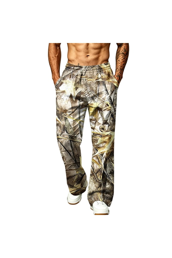 Men's Realtree Leaf Camo Wide Leg Pants Rural Scenic Mountain Woodland Camo Elastic Waistband Wrinkle Resistant Summer Casual Wide Leg Pants Bronze XL