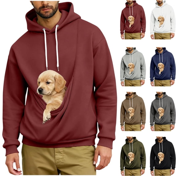 LTTVQM Men's Relax Fit Soft Fleece Hoodie Kangaroo Pet Carrier Pouch For Small Dogs Oversized Long Sleeve Drawstring Pullover Wine 3XL