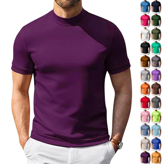 LTTVQM Men's Short Sleeve Shirts Mock Neck Casual Tops Stylish Slim Fit Pullover Solid Basic Tee Mens T-Shirts Deep Red 2XL