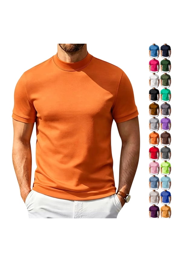 Men's Short Sleeve Shirts Mock Neck Casual Tops Stylish Slim Fit Pullover Solid Basic Tee Mens T-Shirts Orange 2XL