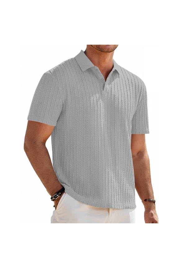 Men's Spring Textured Polo Shirt Short Sleeve Layerable Tops Versatile Knit Tees Transitional Season Clothing Light Gray M