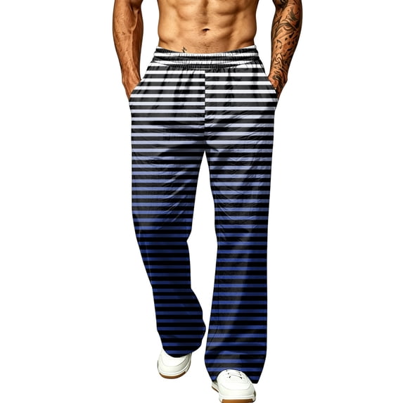 LTTVQM Men's Striped Wide Leg Pants Outdoor Horizontal Stripe Relaxed Fit Adjustable Drawstring Waist Casual Athletic Full Length Trousers Blue XL