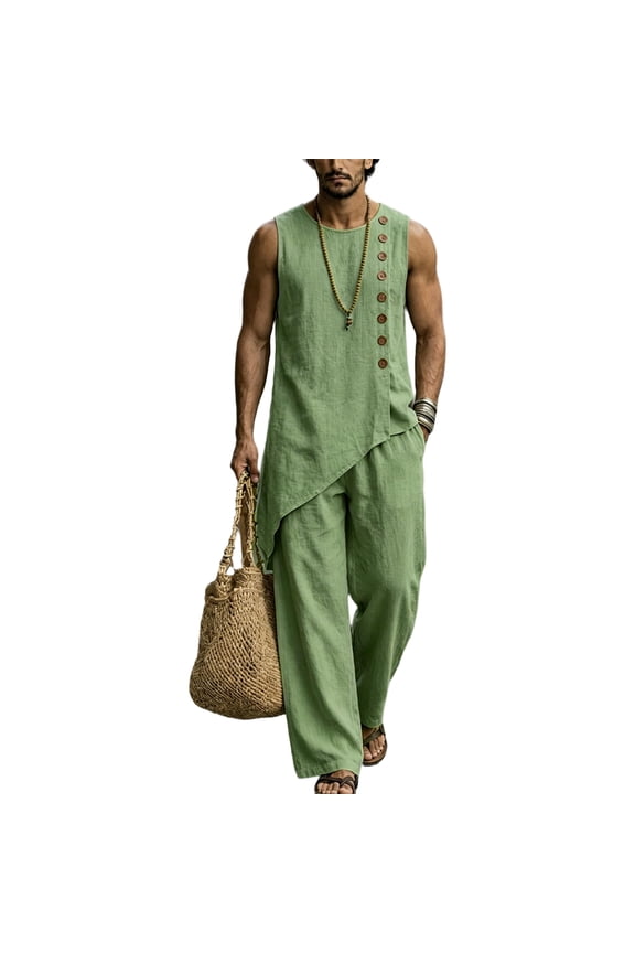 Men's Summer Linen Blend Irregular Hem Sleeveless Button Top Wide Leg Pants Casual Two Piece Outfit Set Army Green L