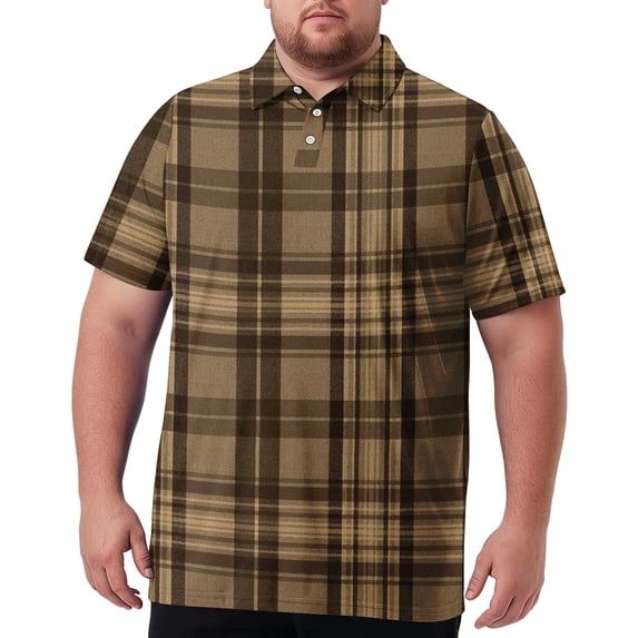LTTVQM Men's Traditional Tartan Pattern Polo Top Big & Tall Short Sleeve Collared Classic Button Placket Daily Wear Gray 7XL