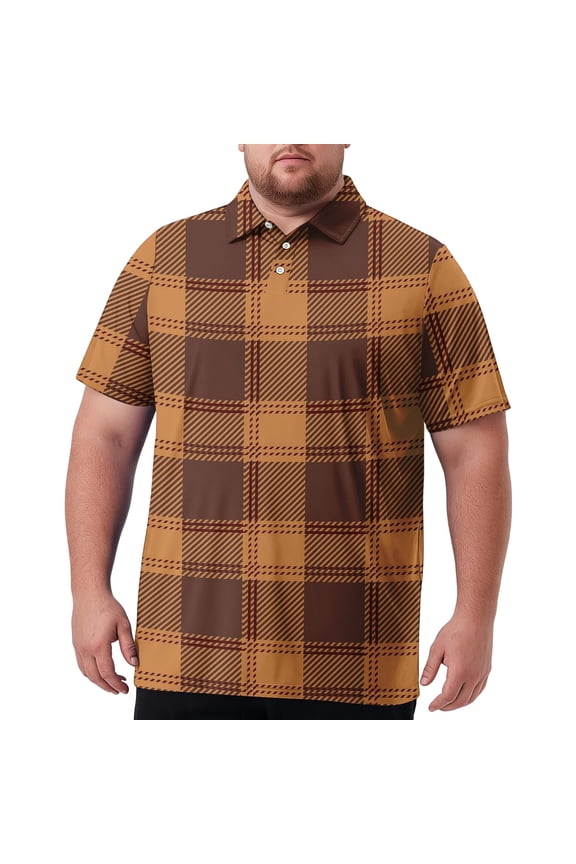 Men's Wear Resistant Abrasion Resistant Tee Big & Tall Short Sleeve Plaid Pattern Quick Dry Strong Material Coffee 3XL