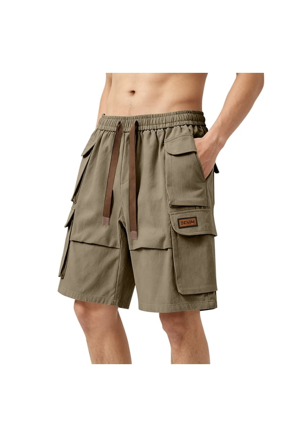 Men's Wide Drawstring Elastic Waist Leather Patch Multi Flap Pocket Cargo Shorts Soft Loose Fit Casual Short Pants Breathable Outdoor Daily Summer Walking Clothing Army Green L
