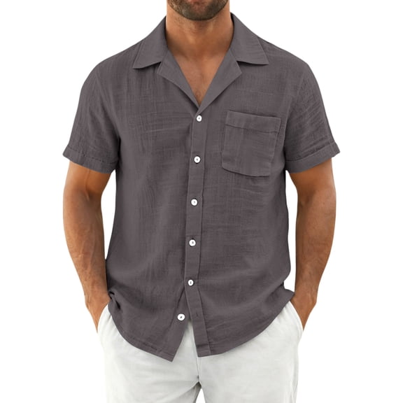 LTTVQM Mens 2026 Casual Short Sleeve Button Down Shirts Cuban Linen Textured Shirt Summer Beach Wear Dark Gray L