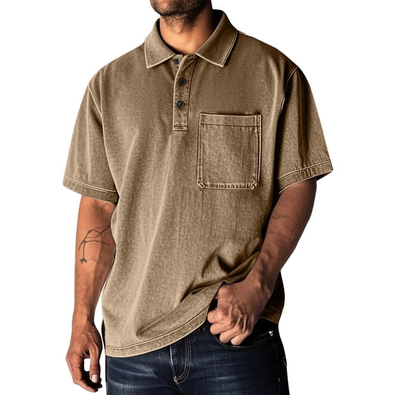 LTTVQM Mens Blouse Chest Pocket Washed Solid Polo Collar Short Sleeve Shirt Light Travel Summer Casual Tops Brown 2XL