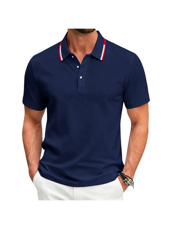 Mens Blouse Striped Rib Collar Polo Short Sleeve Shirt Lightweight Breathable Outdoor Leisure Casual Tops Navy 2XL