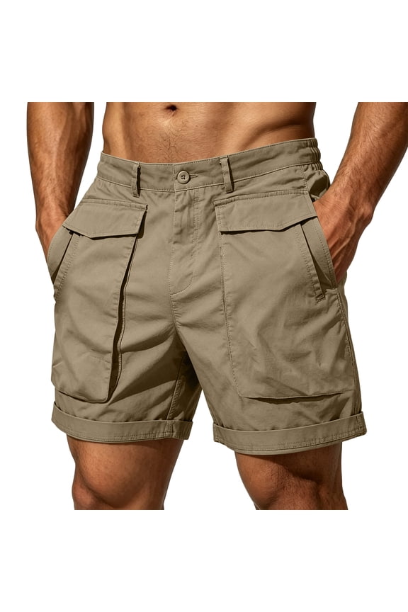 Mens Button Fly Partial Elastic Waist Casual Cargo Shorts Multi Big Flap Pocket Breathable Soft Twill Lightweight Outdoor Daily Workout Summer Apparel Khaki 5XL