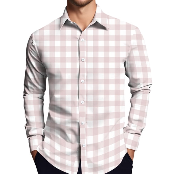 LTTVQM Mens Button Shirts 2026 Plaid Print Casual T Shirts Soft Long Sleeve Tops Collar Summer Trendy Clothes Light pink L