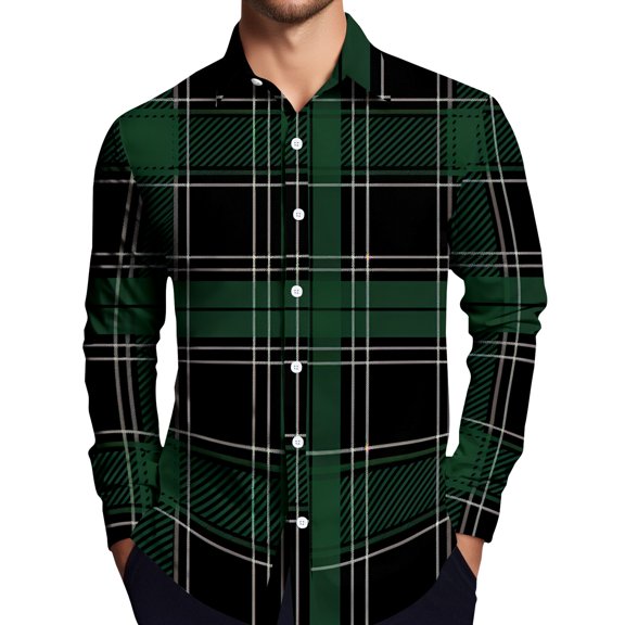 LTTVQM Mens Button Shirts Plaid Print Casual T Shirts Lightweight Long Sleeve Tunic Tops Collar Spring Fashion Blouse Dark Green XL