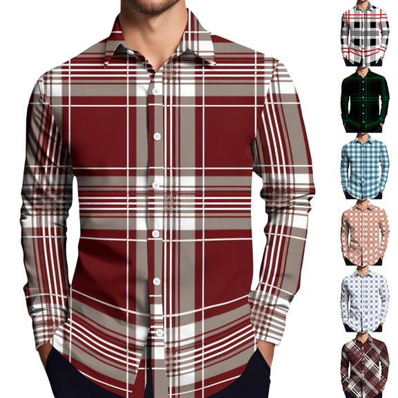 LTTVQM Mens Button Shirts Plaid Print Loose Fit T Shirts Lightweight Long Sleeve Tops Collar Spring Trendy Blouse Deep Red L