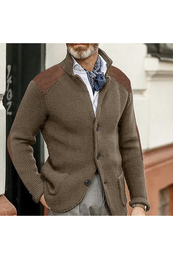 Mens Cardigan Sweater Shawl Collar Button Down Elbow Patch Cable Knit Winter Chunky Warm Sweaters with Pockets Khaki 3XL