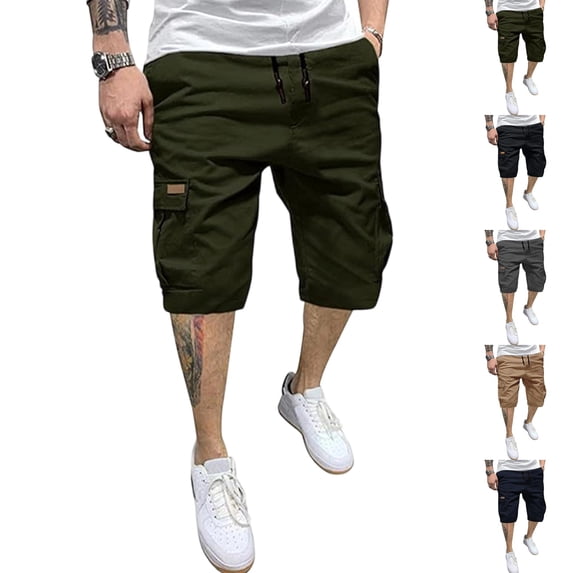 LTTVQM Mens Cargo Shorts Casual Cotton Drawstring Classic Chino Stretch Waist Drawstring Summer Short with 6 Pockets Army Green M