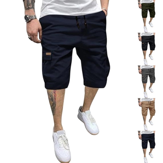 LTTVQM Mens Cargo Shorts Casual Cotton Drawstring Classic Chino Stretch Waist Drawstring Summer Short with 6 Pockets Navy 2XL
