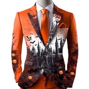 LTTVQM Mens Casual Lapel Halloween Party Suit Coat Gradient All Over Retro Haunted Castle Pumpkin Bat Full Print Outer Blazer Excluding tie and pocket decoration Saffron L