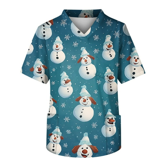 LTTVQM Mens Christmas Scrub Tops Happy Xmas Snowmen Printed Nursing Uniform Shirts Pattern V-Neck T-Shirts Scrubs Top with Pockets Blue S