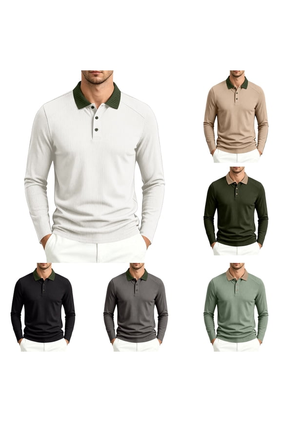 Mens Contrast Rib Collar Long Sleeve Polo Shirt Raglan Shoulder Placket Button Top Breathable Spring Autumn Daily Business Casual clothes White 3XL