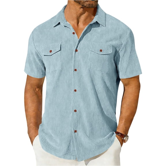 LTTVQM Mens Corduroy Button Up Shirts 2026 Short Sleeve Untucked Shirts with Pocket for Summer Beach Vacation Light Blue XL