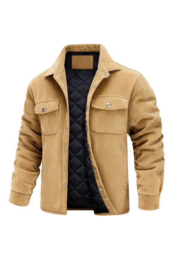 Mens Corduroy Jacket Heavyweight Big and Tall Padded Quilted Lined Jacket Snap Button Lapel Thick Coat Winter Thermal Outerwear Khaki 3XL