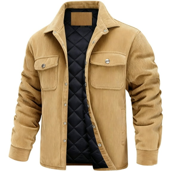 LTTVQM Mens Corduroy Jacket Heavyweight Padded Quilted Lined Jacket Snap Button Lapel Thick Coat Winter Thermal Outerwear Khaki S