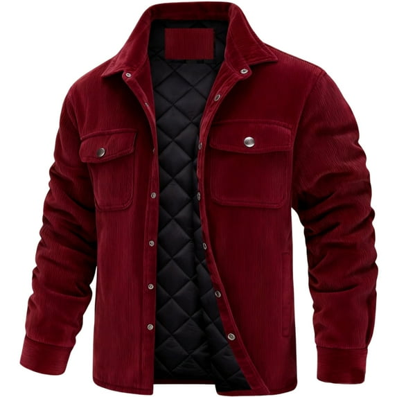 LTTVQM Mens Corduroy Jacket Heavyweight Padded Quilted Lined Jacket Snap Button Lapel Thick Coat Winter Thermal Outerwear Wine S