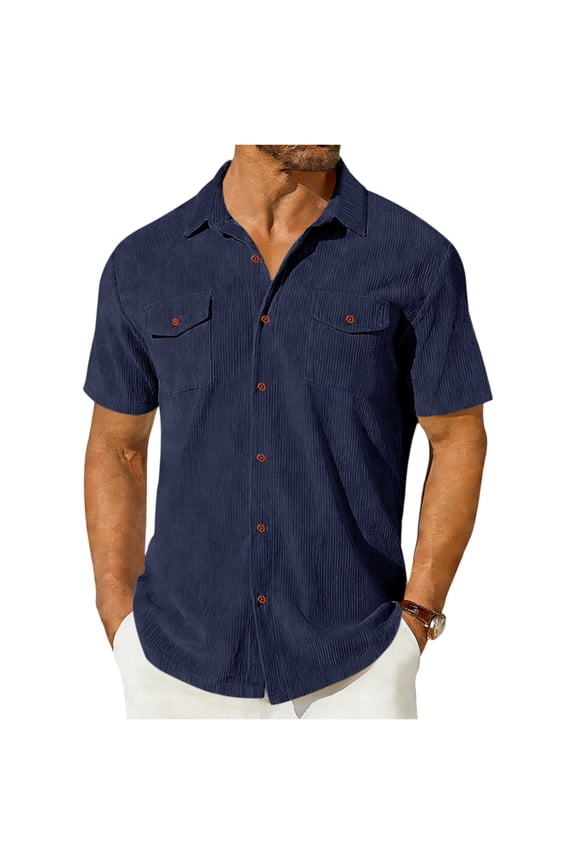 Mens Corduroy Shirt Jackets 2026 Casual Long Sleeve Button Up Collared Work Shirts Lightweight Shacket with Flap Pockets Navy 2XL