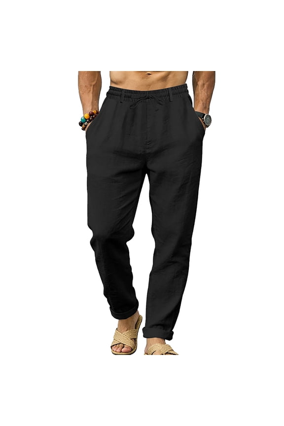 Mens Cotton Linen Pants Casual Elastic Waist Drawstring Muslim Trousers 2026 Summer Yoga Beach Vacation Pants with Pockets Black L