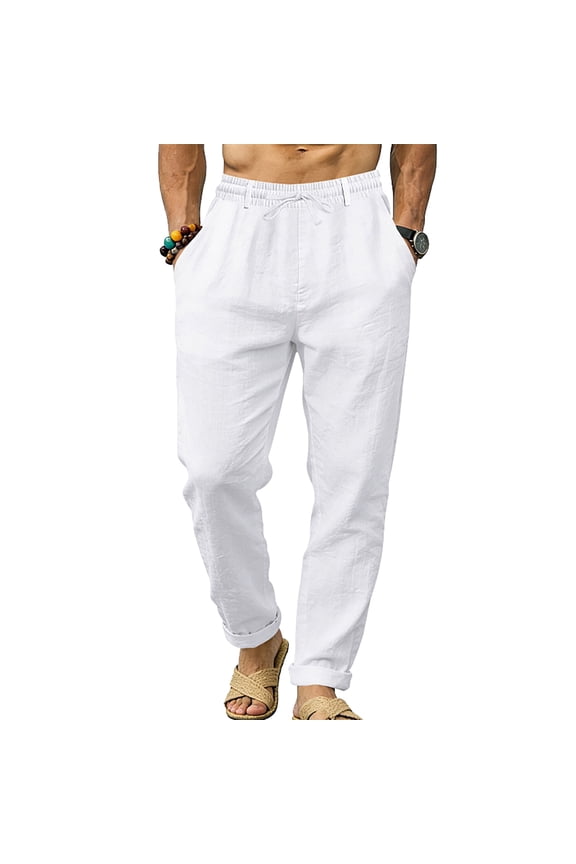 Mens Cotton Linen Pants Casual Elastic Waist Drawstring Muslim Trousers 2026 Summer Yoga Beach Vacation Pants with Pockets White M
