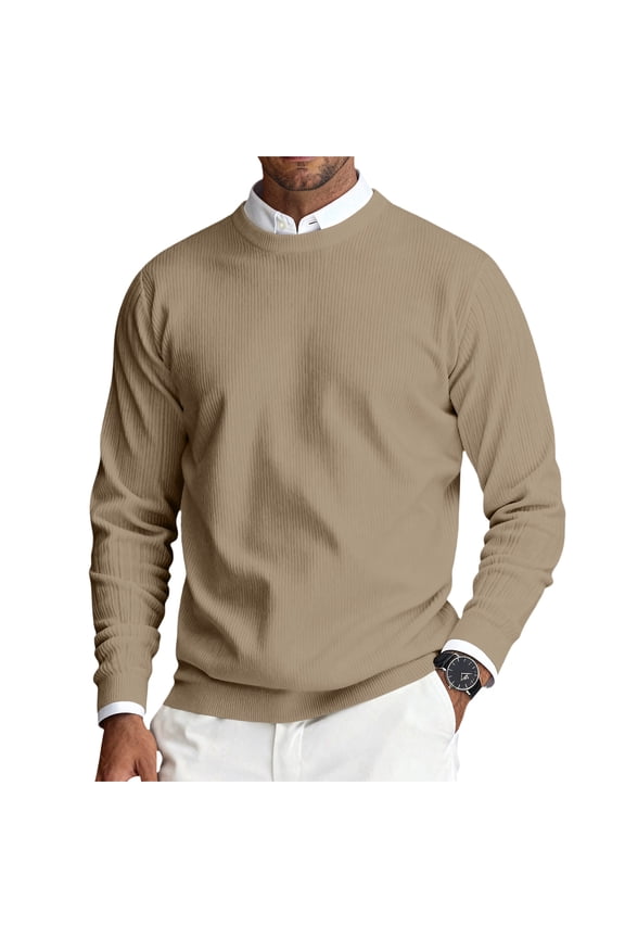 Mens Crew Neck Sweaters Long Sleeve Lightweight Knit Dress Pullover Sweaters Khaki L