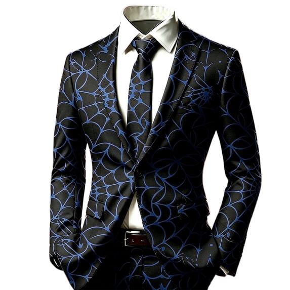 LTTVQM Mens Daily Casual Halloween Festival Blazer Spider Web All Over Print Long Sleeve Notch Lapel Suit Coat (Excluding tie and pocket decoration) Navy L