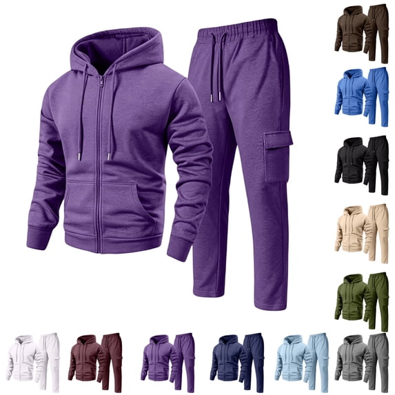 LTTVQM Mens Daily Layering 2 Piece Set Fleece Solid Full Zip Hooded Sweatshirt And Elastic Waist Cargo Straight Pants Casual Street Outfits Purple 2XL
