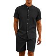 thumbnail image 1 of LTTVQM Mens Daily Wear Solid Cotton Linen Stand Collar Button Tee Elastic Drawstring Shorts Summer Walking Holiday Two Piece Tracksuit Black XL, 1 of 6