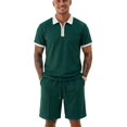 thumbnail image 1 of LTTVQM Mens Daily Wear Waffle Knit Half Zip Polo Tee Elastic Drawstring Shorts Summer Beach Vacation Walking Two Piece Tracksuit Dark Green XL, 1 of 9