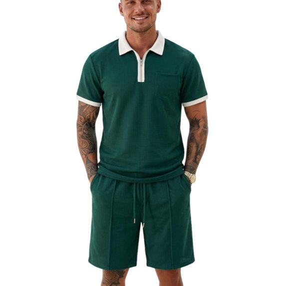 LTTVQM Mens Daily Wear Waffle Knit Half Zip Polo Tee Elastic Drawstring Shorts Summer Beach Vacation Walking Two Piece Tracksuit Dark Green XL