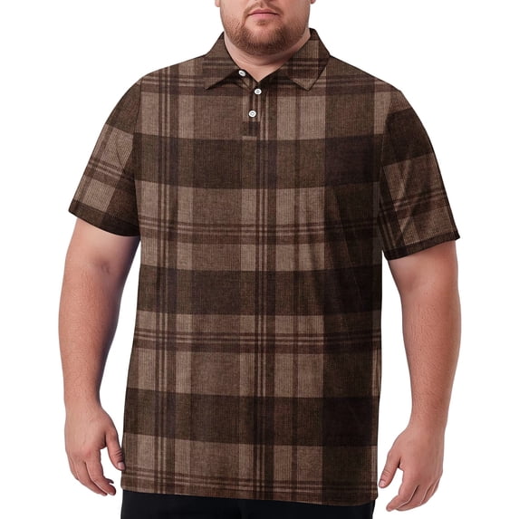 LTTVQM Mens Elastic Stretch Plaid Top Big & Tall Short Sleeve Button Placket Extra Comfortable Home Daily Apparel Coffee 8XL