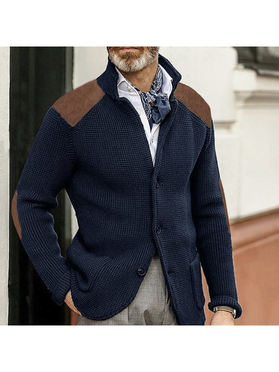 Mens Fashion Button Up Cardigan Sweater with Elbow Patches Long Sleeve Basic Knitted Sweaters Stand Collar Casual Cardigan Navy M