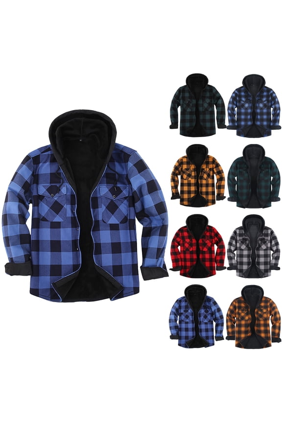 Mens Flannel Jacket Plaid Sherpa Fleece Lined Hoodies Button Down Long Sleeve Shirt Jackets Winter Outdoor Warm Coats Blue M