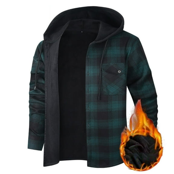 LTTVQM Mens Flannel Jacket Plaid Sherpa Fleece Lined Hoodies Button Down Long Sleeve Shirt Jackets Winter Outdoor Warm Coats Dark Green M