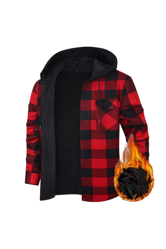 Mens Flannel Jacket Plaid Sherpa Fleece Lined Hoodies Button Down Long Sleeve Shirt Jackets Winter Outdoor Warm Coats Red M