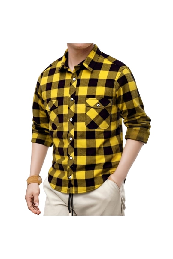 Mens Flannel Shirts Long Sleeve Casual Spring Plaid Button Down Shirt Cotton Shirt Cowboy Work Shirts with Pockets Yellow XL