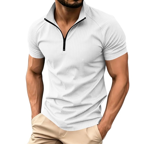 LTTVQM Mens Half Zip Trendy Ribbed Polo Top Short Sleeve Stand Collar Slim Fit Solid Color Summer Daily Shirts White M