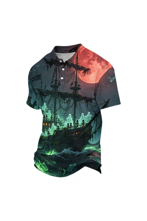 Mens Halloween Camping Polo Shirt Short Sleeve Spider Ghost Jack O Lantern Pattern Soft Two Button Casual Wear Tee Red L