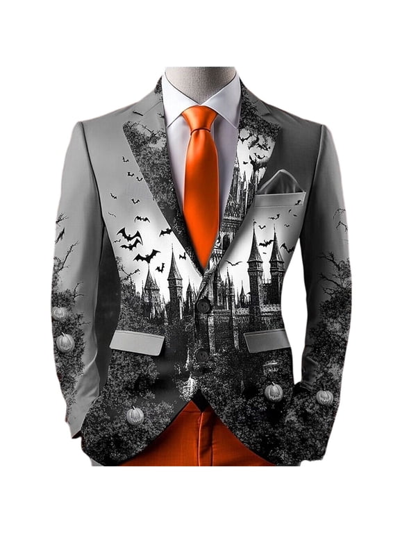 Mens Halloween Themed Casual Suit Jacket Gradient Vintage Haunted Castle Pumpkin Bat Graphic Long Sleeve Lapel Party Blazer (Excluding tie and pocket decoration) Gray S